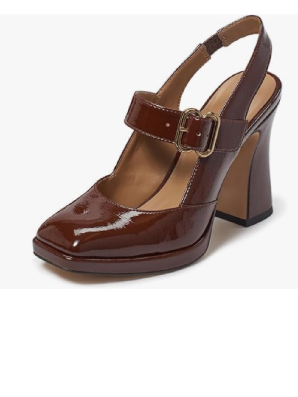 FYS Chocolate Platform Square Toe Block High Heel Mary Janes Slingback Pumps